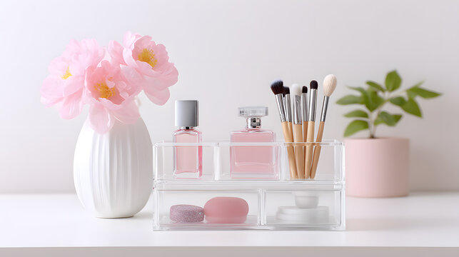 Makeup organizer with brushes and perfumes.
Elegant beauty setup with a transparent acrylic organizer holding makeup brushes, perfumes, and soap, next to a pink flower vase. Captures modern and femini