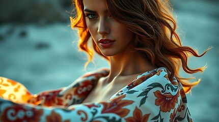 Woman model portrait with hand-painted floral dress