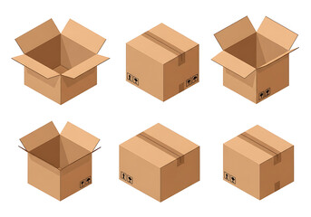 Fototapeta premium Isolated brown cardboard shipping boxes, some open, stacked for delivery or storage on a white background