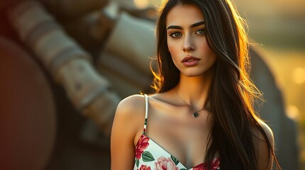 Woman model portrait with hand-painted floral dress
