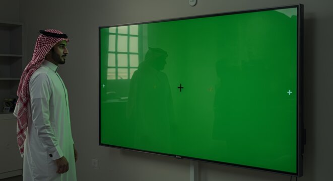 Arab Man in Traditional Dress Observes a Large Green Screen Display