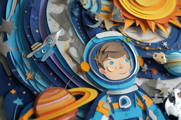 birthday party invitation with a happy astronaut in space, planets and space surroundings, the vibe is playful and energetic, minimalistic cut out paper style