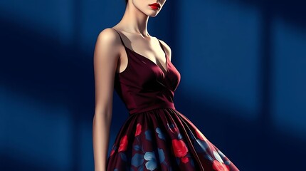 Woman model portrait with hand-painted floral dress