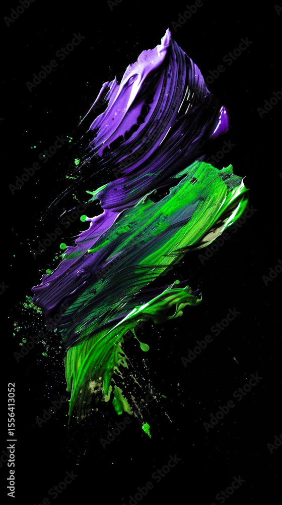 Poster bold strokes of purple and green paint blend together, producing a dynamic abstract design against a