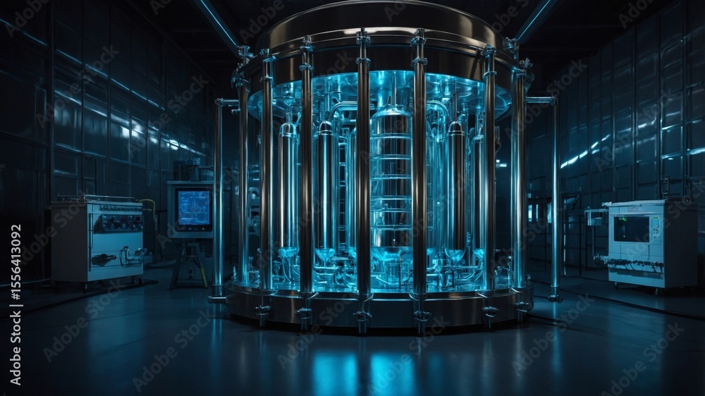 Poster advanced technology chamber featuring glowing components in a high-tech lab setting during nighttime
