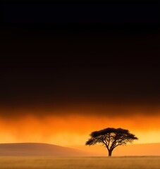 minimalist desert evening, lonely tree with black dramatic sky
