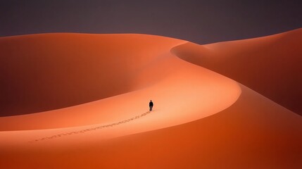 minimalist desert evening, lonely person on huge dune 