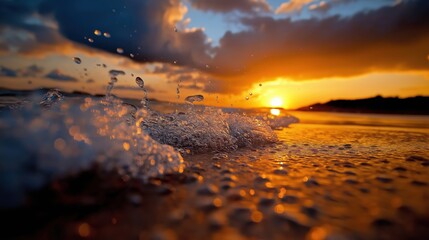 sunset beach coast during dramatic scenery wave splashing everywhere taking from sea level 
