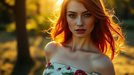 Woman model portrait with hand-painted floral dress