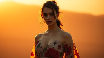 Woman model portrait with hand-painted floral dress