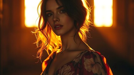 Woman model portrait with hand-painted floral dress