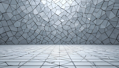 Abstract background shows a modern room with reflective geometric shapes on the wall and a tiled...
