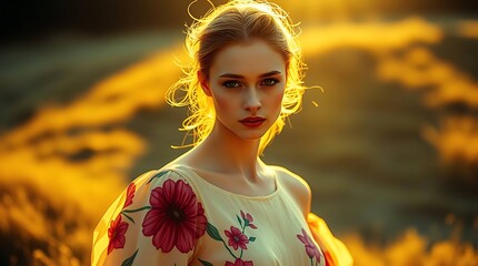 Woman model portrait with hand-painted floral dress