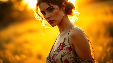 Woman model portrait with hand-painted floral dress