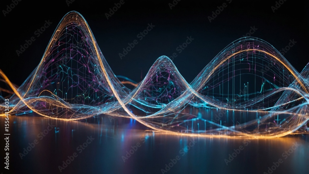 Poster modern digital sound waves visualization illustrating vibrant colors and intricate patterns in a dar