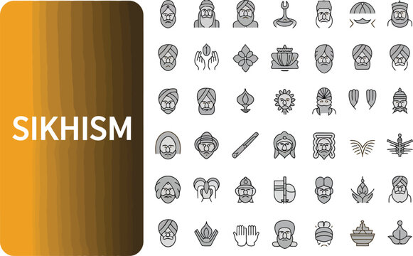 Depiction of Sikhism, a religion icons and symbol set showing the spiritual and historical elements of this distinct faith.