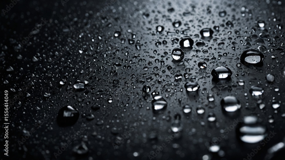 Poster water droplets scatter across a dark surface creating a reflective, textured visual composition that