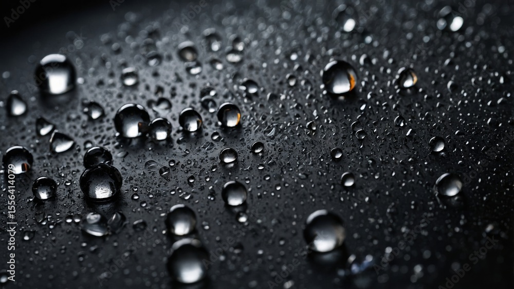 Poster close-up view of water droplets clinging to a dark surface, showcasing intricate patterns created by