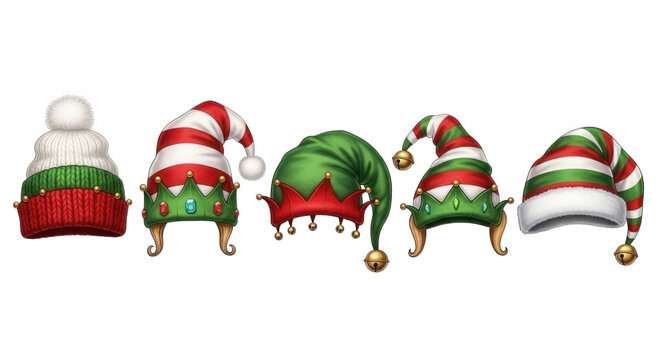 Festive collection of cartoon elf hats with holiday colors and jingle bells adorn a transparent background, creating a whimsical Christmas theme.