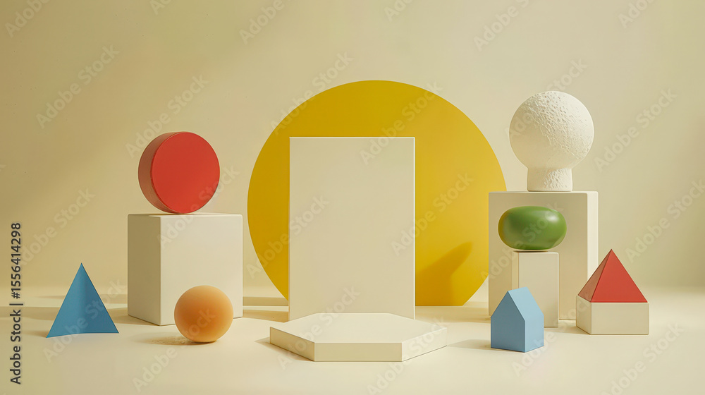Poster a variety of geometric shapes in different colors are arranged on pedestals against a soft backdrop,