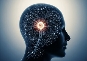 Obraz premium Human head silhouette with AI neural network inside