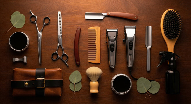 Stylish Flatlay of Barber Tools A Collection of Professional Hair Cutting and Styling Equipment