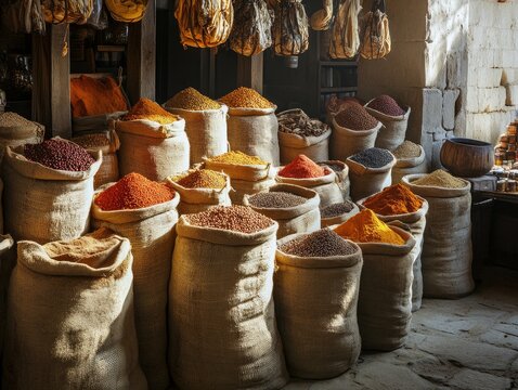 A rustic spice market with sacks of cumin and other spices