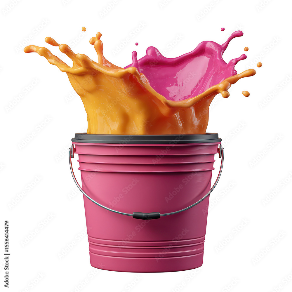 Poster paint splashing out of a pink bucket isolated on transparent background