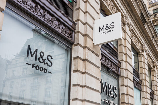 Marks and Spencer Food Hall storefront signage. London, UK, 14 April 2024