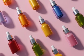 Obraz premium Colorful glass dropper bottles on pink background