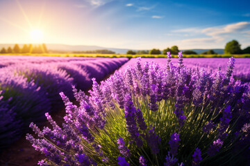 Obraz premium Lavender fields in full bloom, leading lines perspective, summer