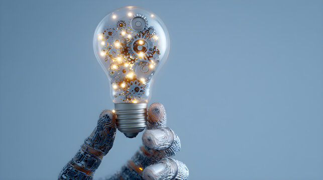Robotic Hand Holding Light Bulb with Intricate Gears Inside