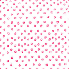 Hand drawn ink polka dot circles pink color on white. Seamless pattern