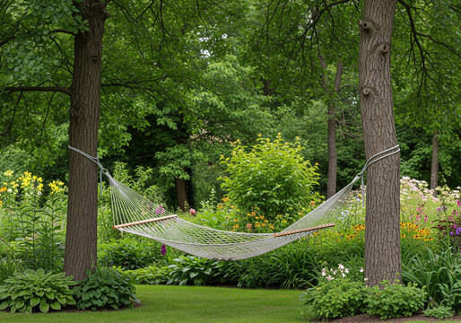 Hammock between two trees in a peaceful summer garden