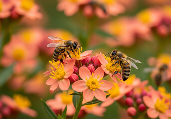 Bees pollinating bright flowers in soft daylight