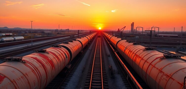 Rusty tanker trains, orange sunset casting long shadows across industrial landscape, rusted, silhouette