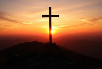 Silhouetted cross held aloft against fiery sunset, rocky hilltop,  god,  rocky terrain