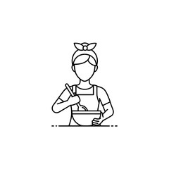 Outline vector of woman cooking in a bowl with a wooden spoon
