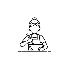 Outline vector of woman cooking in a bowl with a wooden spoon
