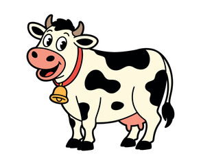 Cartoon Illustration of a Happy Cow with Black and White Spots and a Bell Cute cartoon cow happy expression cow cartoon illustration animal