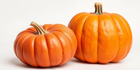 Two vibrant pumpkins, one larger than the other, sit side-by-side on a clean white background, two, objects