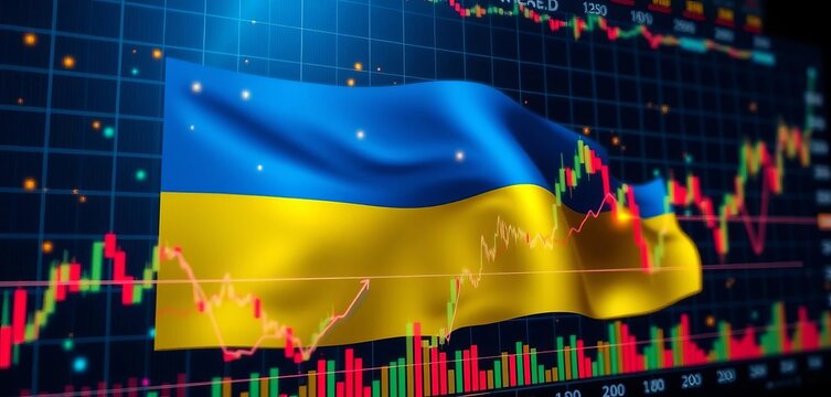 Ukraine flag overlaid on a dynamic stock market graph depicting economic trends, integrated with digital technology elements, financial, data - Powered by Adobe