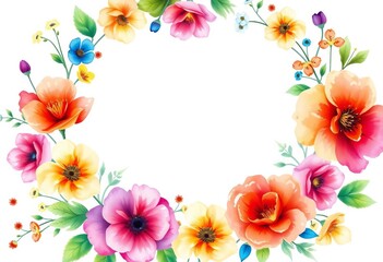 Watercolor floral circle frame, soft doodle background ,  leaves,  vibrant