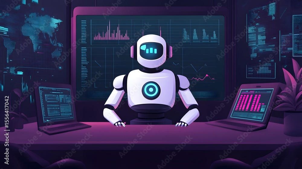 Poster futuristic ai operations: a cutting-edge artificial intelligence robot at a control station, analyzi