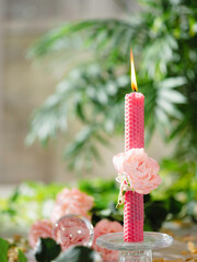 Beautiful pink and purple handmade beeswax candles. Candles for Love, femininity and sexuality.  Aromatherapy. Wax candles. Selective focus