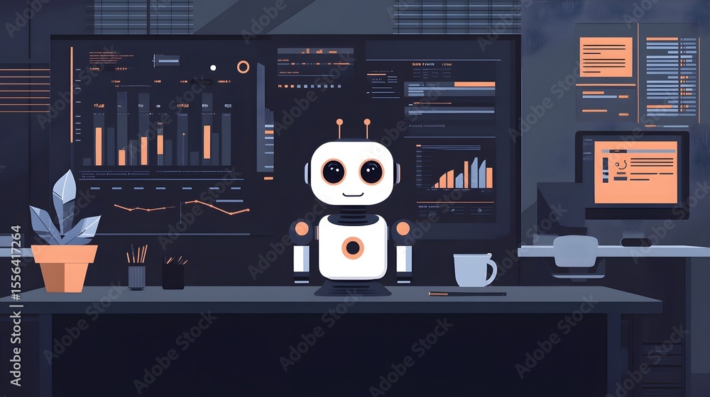 Aufkleber ai robot in the office: a friendly ai robot stands confidently in a modern office setting, surrounde
