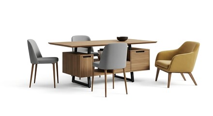 Fototapeta premium Dining Table with Chairs and an Armchair on a White Background