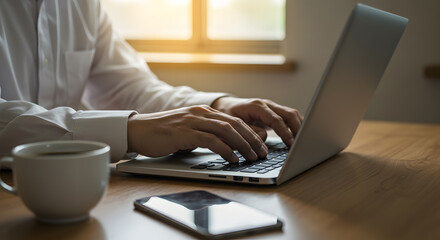 Fototapeta premium Focused Person Working on Laptop at Home Office Desk