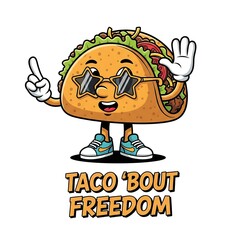 Whimsical taco cartoon character with star sunglasses, sneakers, and "Taco 'Bout Freedom" text, perfect for humorous Fourth of July designs, food themes, and fun celebrations