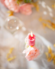 Beautiful pink and purple handmade beeswax candles. Candles for Love, femininity and sexuality.  Aromatherapy. Wax candles. Selective focus